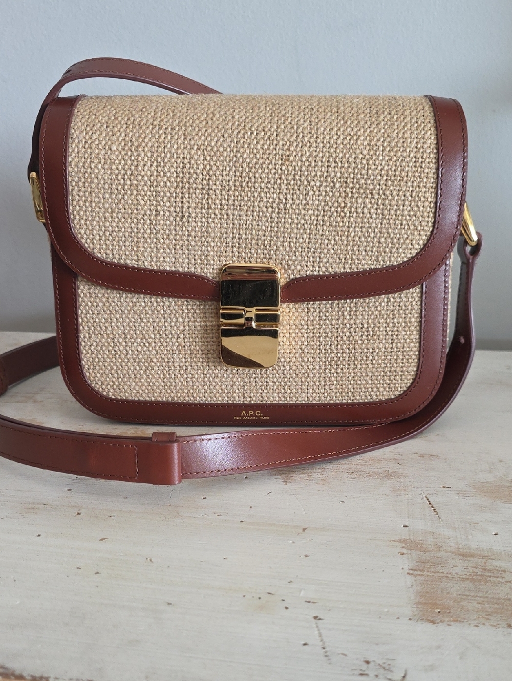 A.P.C. Grace Small Brown Leather & Natural Raffia Crossbody Bag